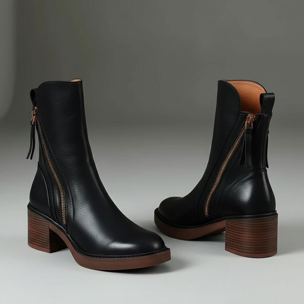 Valorine™ | Svart lærstøvlett med komfortabel hæl, elegant og tidløs - Jaxel & Jess