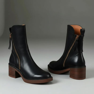 Valorine™ | Svart lærstøvlett med komfortabel hæl, elegant og tidløs - Jaxel & Jess