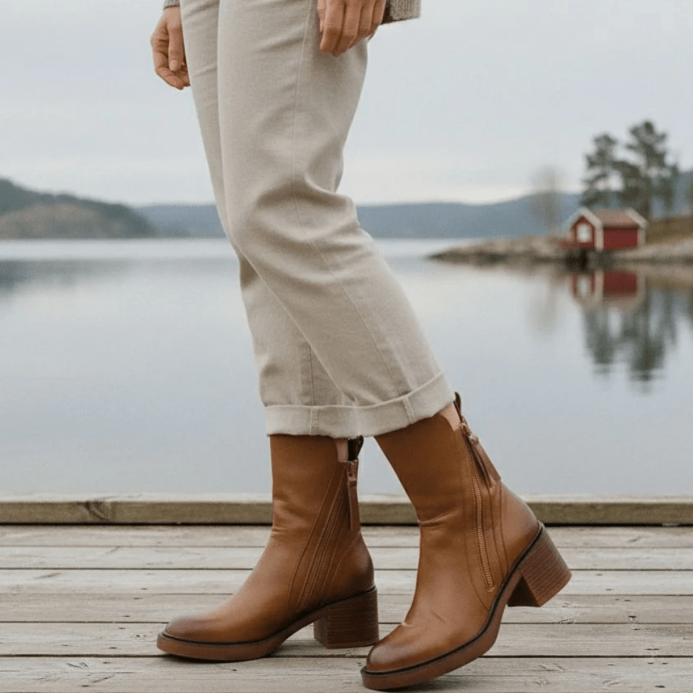 Valorine™ | Svart lærstøvlett med komfortabel hæl, elegant og tidløs - Jaxel & Jess